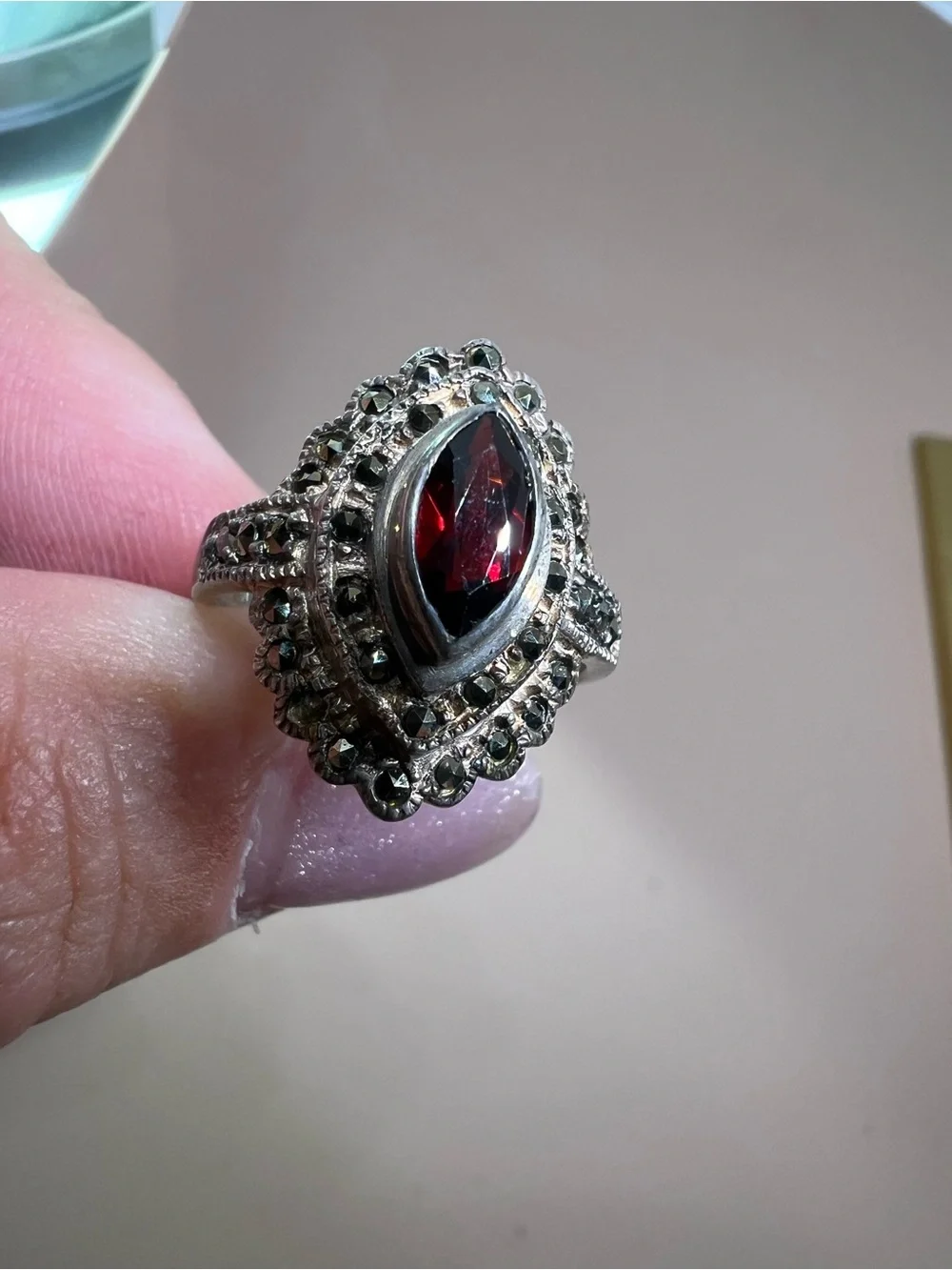 Vintage-Style Women's Marquise Garnet Red Ring in Sterling Silver